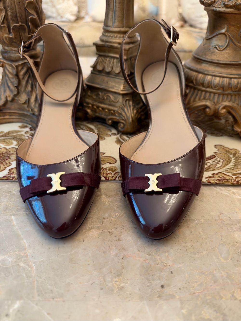 NEW —Tory Burch Patent Leather Pointed-Toe Ankle-Strap Flats in Deep Burgundy